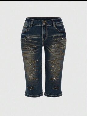 SHEIN Dark Blue Embellished Cropped Jeans with Gold Studs